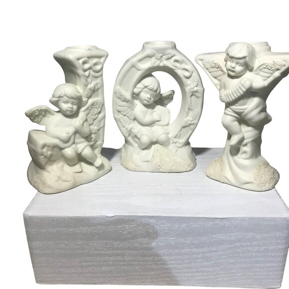 Set Of 3 Angel Cherub Bisque Candle Holders JOY - Picture 1 of 16